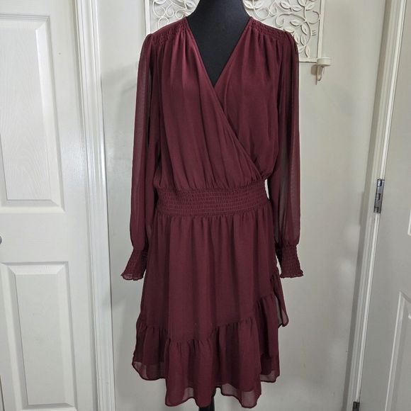 Ricki's Burgandy Sheer Sleeve Dress With Ruffles Size L - Picture 1 of 5